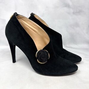 CASADEI Vintage 90s Y2K Rosette Suede Heeled Ankle Bootie Boots Black Retro 9.5